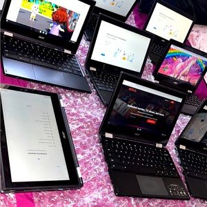 Acer Chromebooks they fold into a tablet yes charger included. Works fast !!!